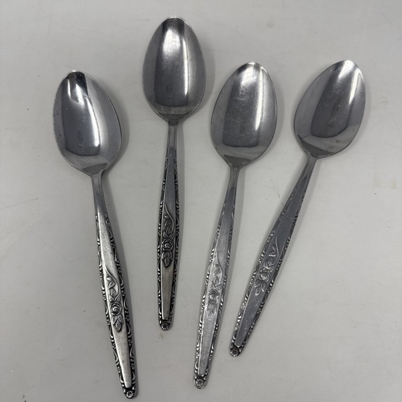 Other - Vintage MCM Stainless Flatware Textured Rose Floral 4 Tablespoons Set Silverware